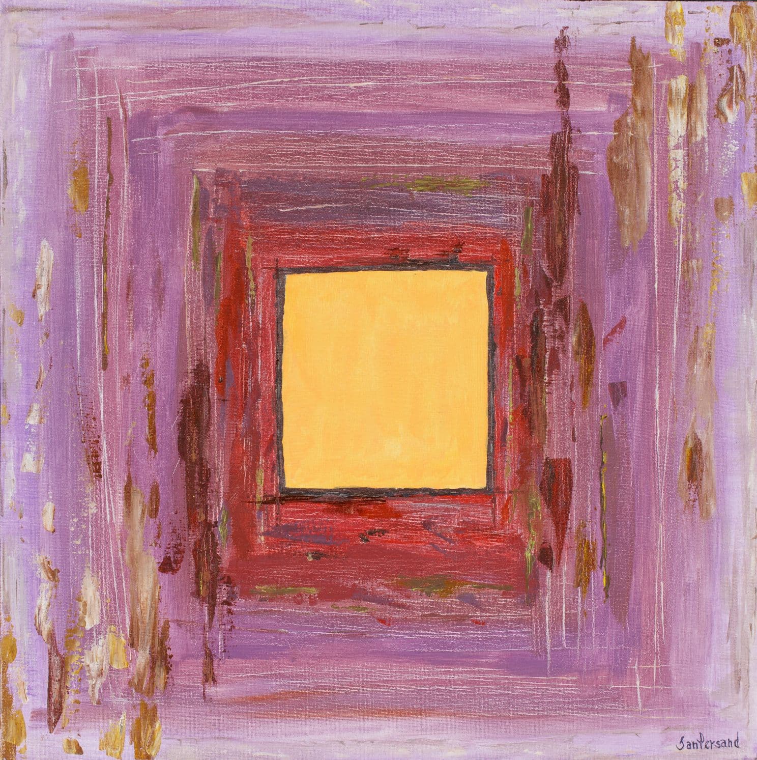 Abstract painting of a chaotic purple and red crime scene surrounding a concealed, glowing yellow window at its center