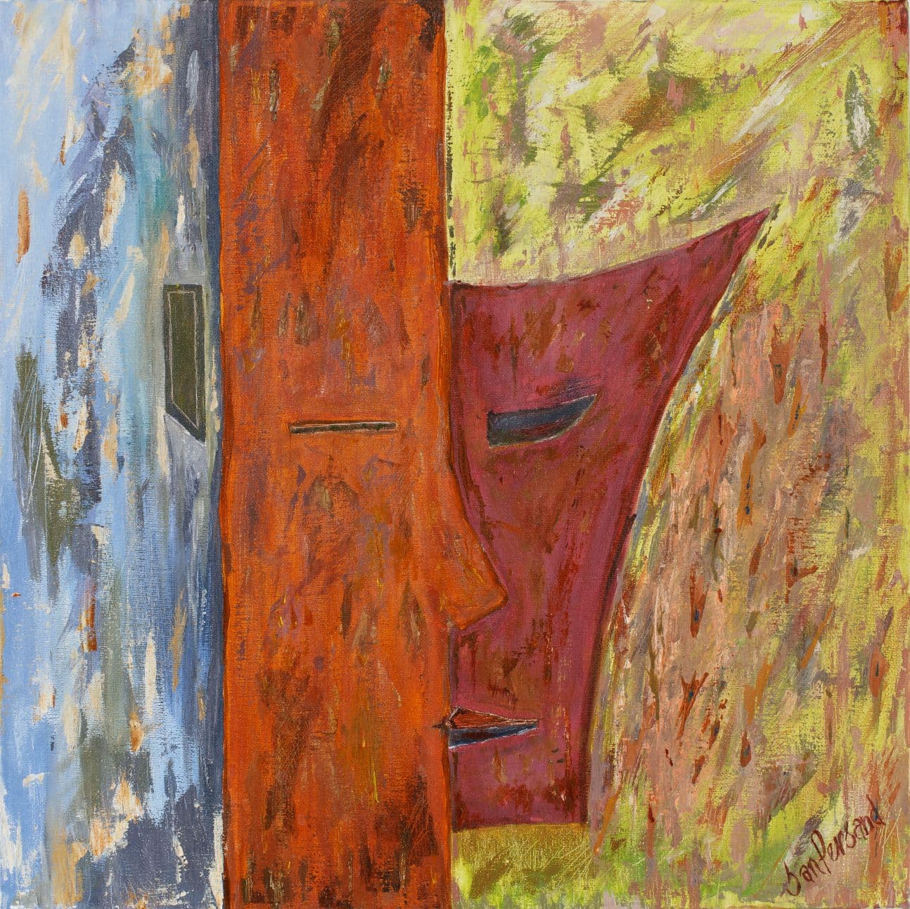 Abstract painting of two overlapping masks in blue, rust orange, and burgundy against a yellow-green background, representing the accused and the plaintiff