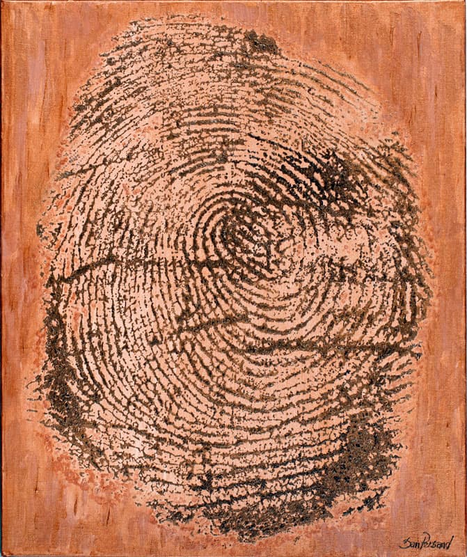 Painting of an enlarged fingerprint rendered in warm brown and copper tones on canvas