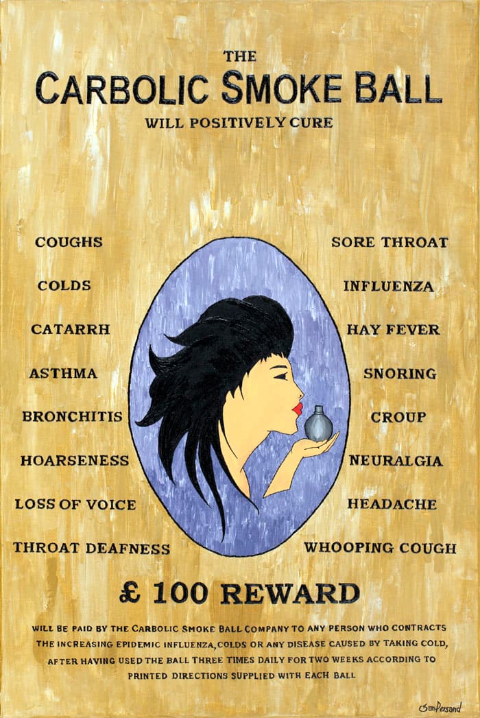 Painting recreating the 1891 Carbolic Smoke Ball advertisement, featuring a contemporary woman holding a fragrance-like flask surrounded by the original advertisement's text