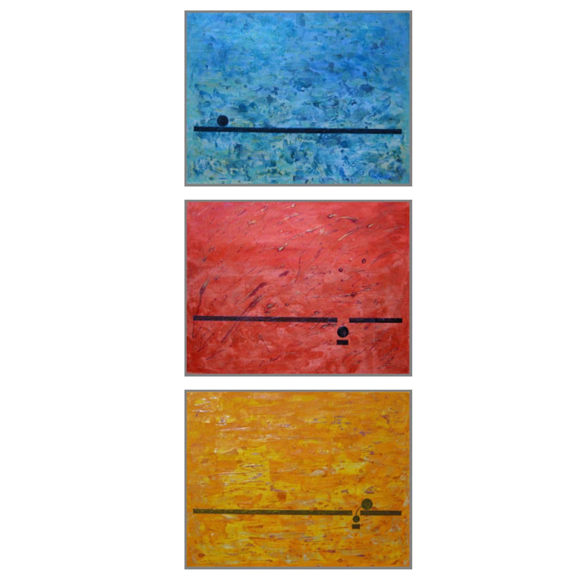 Triptych of three abstract paintings illustrating article 1457 CCQ: a blue panel with a bead resting on an unbroken line, a red panel with a broken line and a small bead below the gap, and a gold panel with a large and small bead bound together on the line