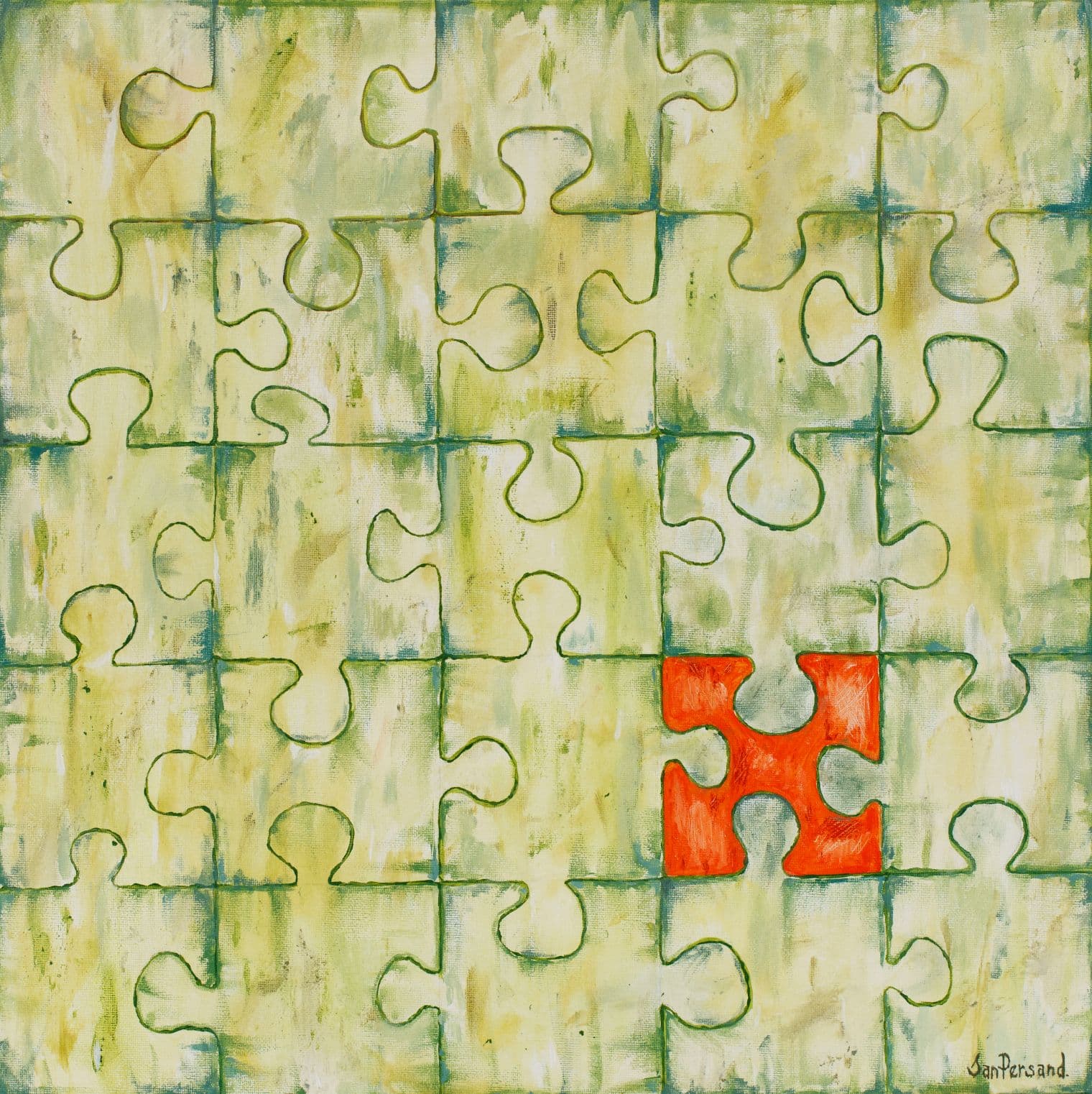 Painting of an assembled jigsaw puzzle in green and gold tones, with one contrasting orange piece standing out from the rest