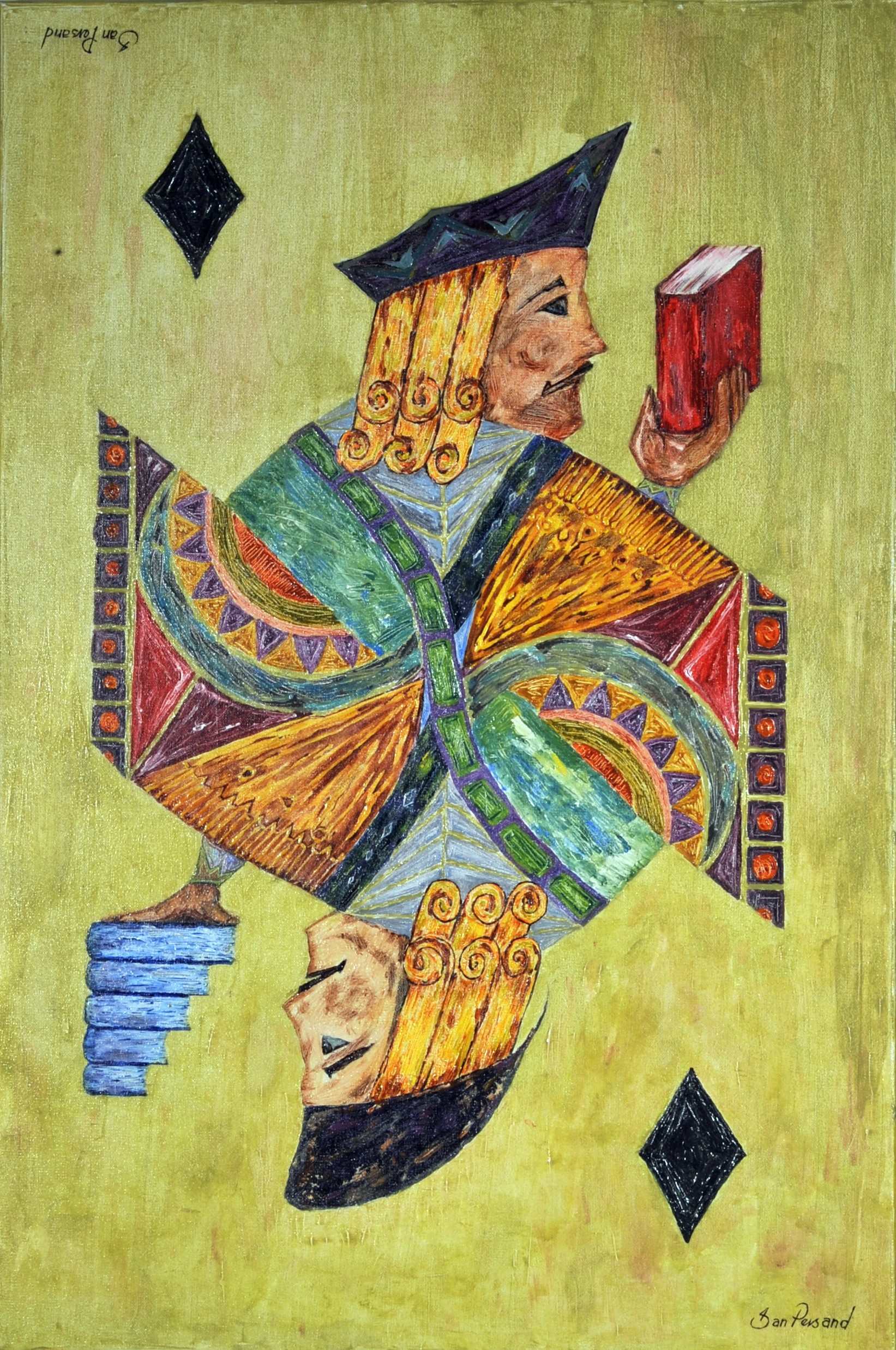 Transsystemia painting depicting Civil Law and Common Law as mirrored figures on a playing card